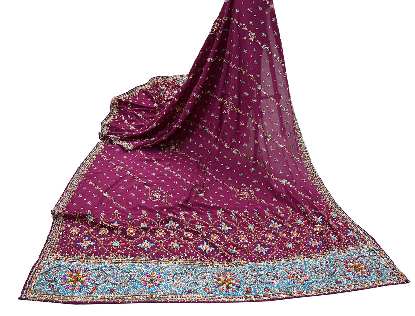 Indian Vintage Heavy Maroon Dupatta Pure Crepe Silk Long Stole Hand Embroidered Scarves Dabka Zardozi Zari Scarves Wedding/ Bridal Veil