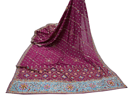 Indian Vintage Heavy Maroon Dupatta Pure Crepe Silk Long Stole Hand Embroidered Scarves Dabka Zardozi Zari Scarves Wedding/ Bridal Veil