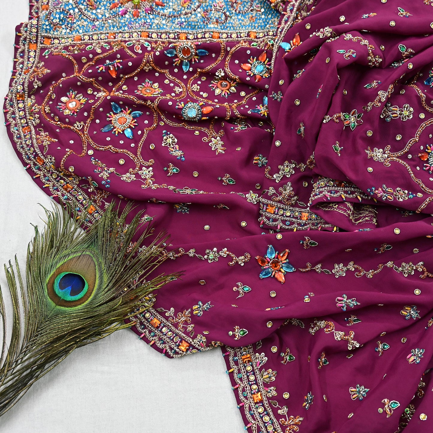 Indian Vintage Heavy Maroon Dupatta Pure Crepe Silk Long Stole Hand Embroidered Scarves Dabka Zardozi Zari Scarves Wedding/ Bridal Veil