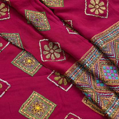 Indian Vintage Heavy Bridal Dupatta Pink Pure Georgette Silk Long Stole Hand Embroidered Scarf Zardozi/Dabka Zari Wedding/Party Dupatta