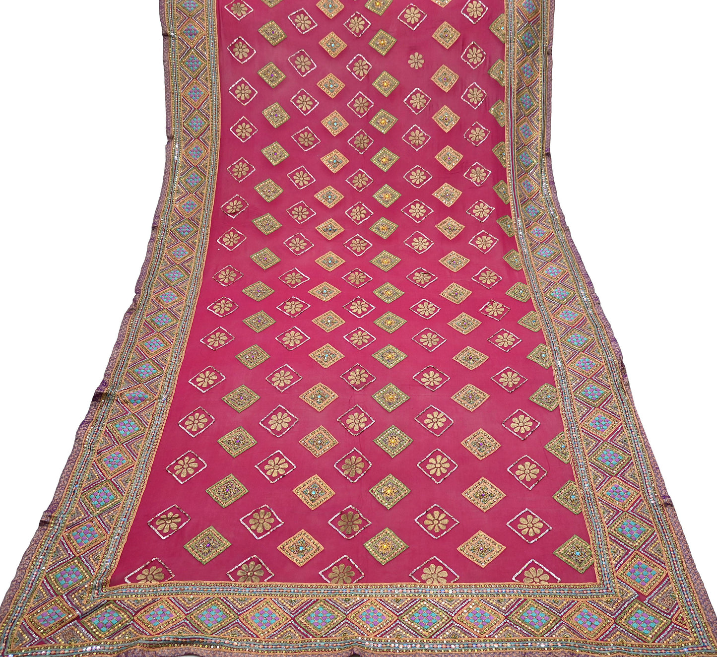 Indian Vintage Heavy Bridal Dupatta Pink Pure Georgette Silk Long Stole Hand Embroidered Scarf Zardozi/Dabka Zari Wedding/Party Dupatta