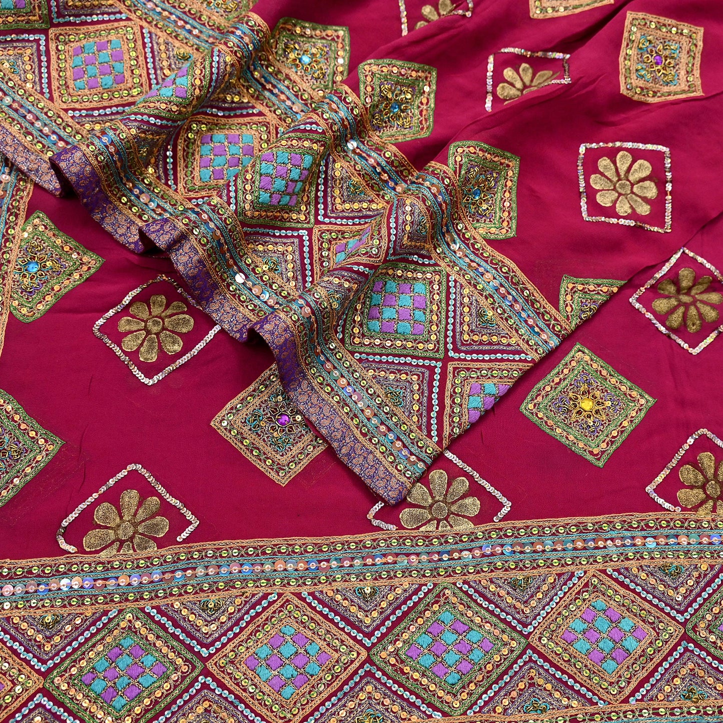 Indian Vintage Heavy Bridal Dupatta Pink Pure Georgette Silk Long Stole Hand Embroidered Scarf Zardozi/Dabka Zari Wedding/Party Dupatta