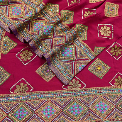 Indian Vintage Heavy Bridal Dupatta Pink Pure Georgette Silk Long Stole Hand Embroidered Scarf Zardozi/Dabka Zari Wedding/Party Dupatta