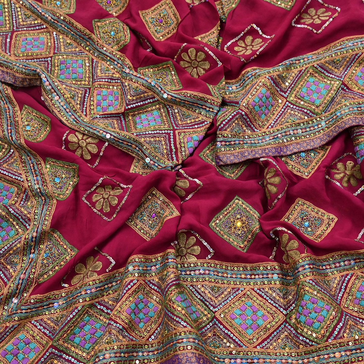 Indian Vintage Heavy Bridal Dupatta Pink Pure Georgette Silk Long Stole Hand Embroidered Scarf Zardozi/Dabka Zari Wedding/Party Dupatta