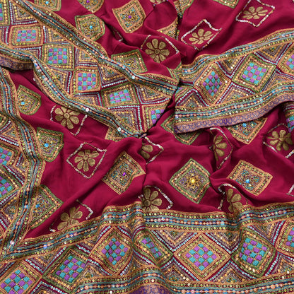 Indian Vintage Heavy Bridal Dupatta Pink Pure Georgette Silk Long Stole Hand Embroidered Scarf Zardozi/Dabka Zari Wedding/Party Dupatta