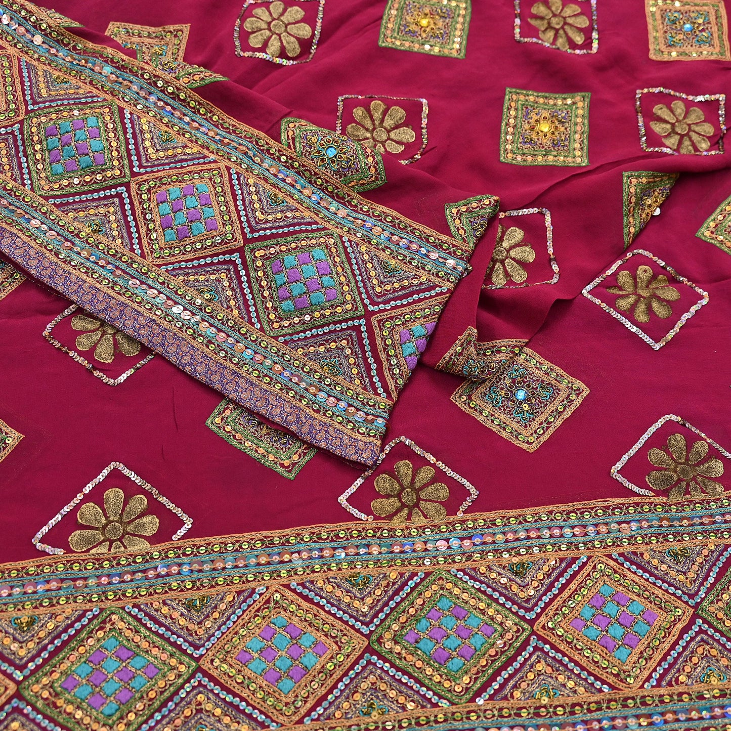 Indian Vintage Heavy Bridal Dupatta Pink Pure Georgette Silk Long Stole Hand Embroidered Scarf Zardozi/Dabka Zari Wedding/Party Dupatta