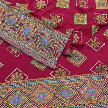 Indian Vintage Heavy Bridal Dupatta Pink Pure Georgette Silk Long Stole Hand Embroidered Scarf Zardozi/Dabka Zari Wedding/Party Dupatta