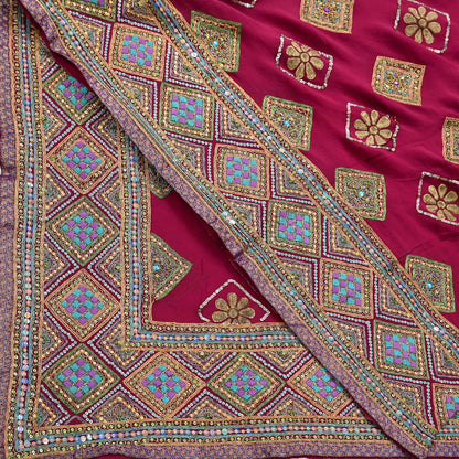 Indian Vintage Heavy Bridal Dupatta Pink Pure Georgette Silk Long Stole Hand Embroidered Scarf Zardozi/Dabka Zari Wedding/Party Dupatta