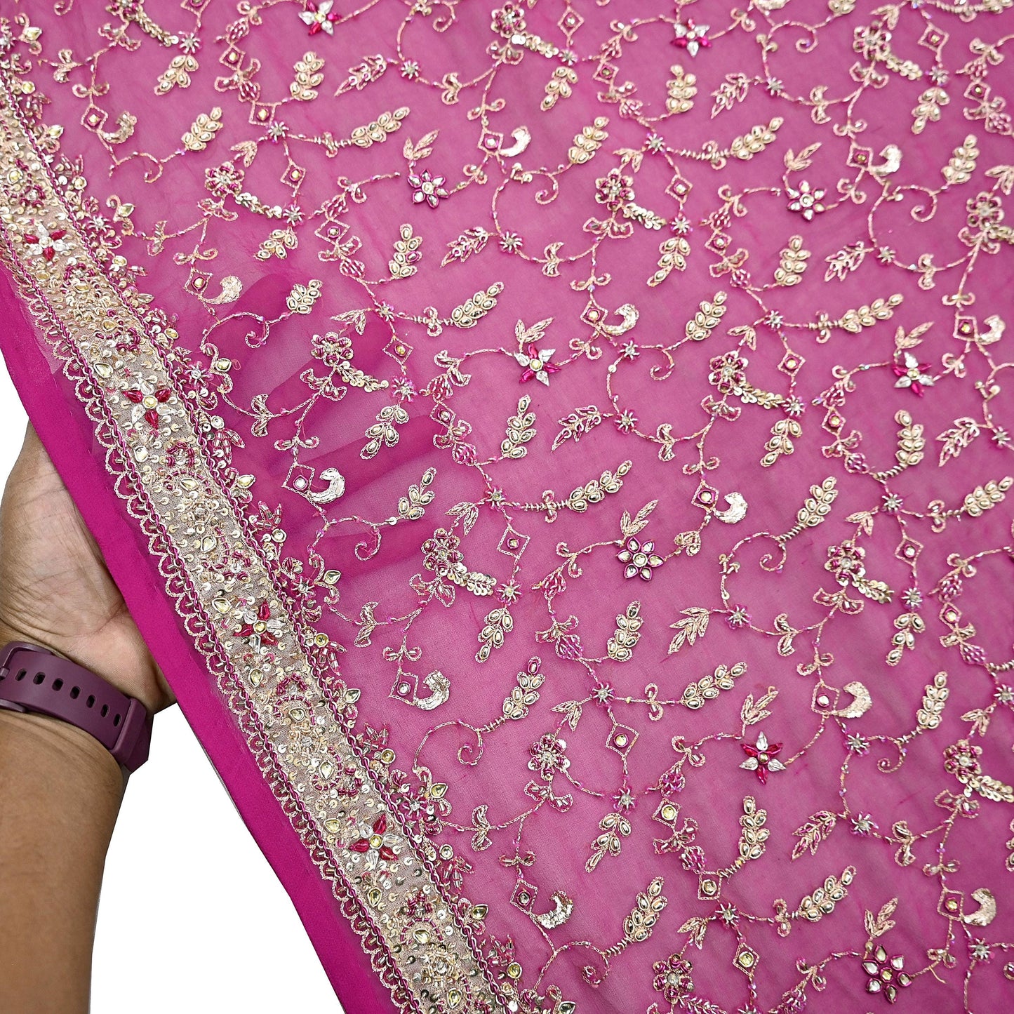 Indian Vintage Heavy Rani Pink Bridal Dupatta Pure Georgette Silk Hand Embroidered Zardozi, Dabka, Zari Work Party Wear Long Stole