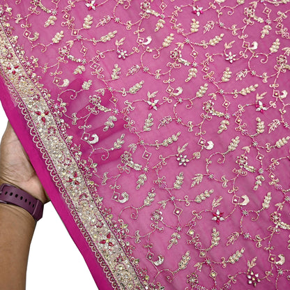 Indian Vintage Heavy Rani Pink Bridal Dupatta Pure Georgette Silk Hand Embroidered Zardozi, Dabka, Zari Work Party Wear Long Stole