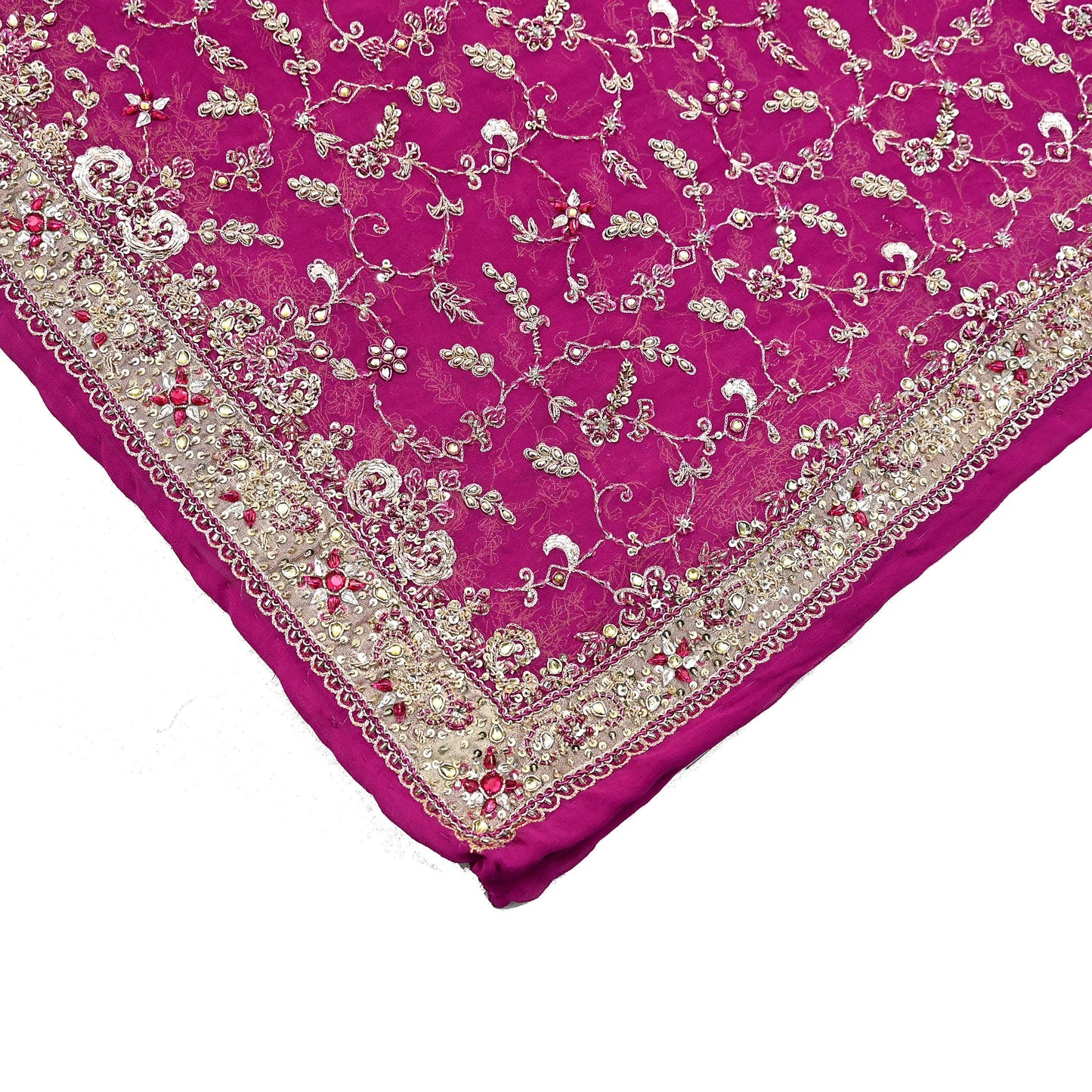 Indian Vintage Heavy Rani Pink Bridal Dupatta Pure Georgette Silk Hand Embroidered Zardozi, Dabka, Zari Work Party Wear Long Stole