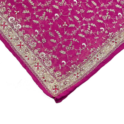 Indian Vintage Heavy Rani Pink Bridal Dupatta Pure Georgette Silk Hand Embroidered Zardozi, Dabka, Zari Work Party Wear Long Stole