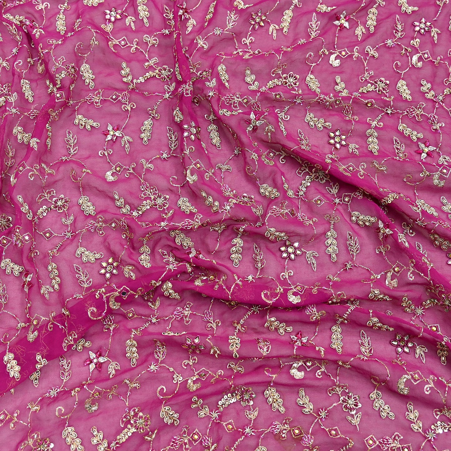 Indian Vintage Heavy Rani Pink Bridal Dupatta Pure Georgette Silk Hand Embroidered Zardozi, Dabka, Zari Work Party Wear Long Stole