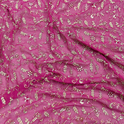 Indian Vintage Heavy Rani Pink Bridal Dupatta Pure Georgette Silk Hand Embroidered Zardozi, Dabka, Zari Work Party Wear Long Stole