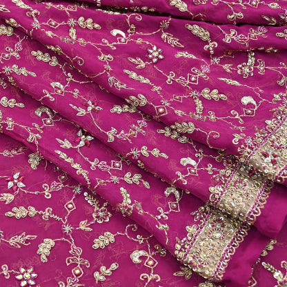 Indian Vintage Heavy Rani Pink Bridal Dupatta Pure Georgette Silk Hand Embroidered Zardozi, Dabka, Zari Work Party Wear Long Stole