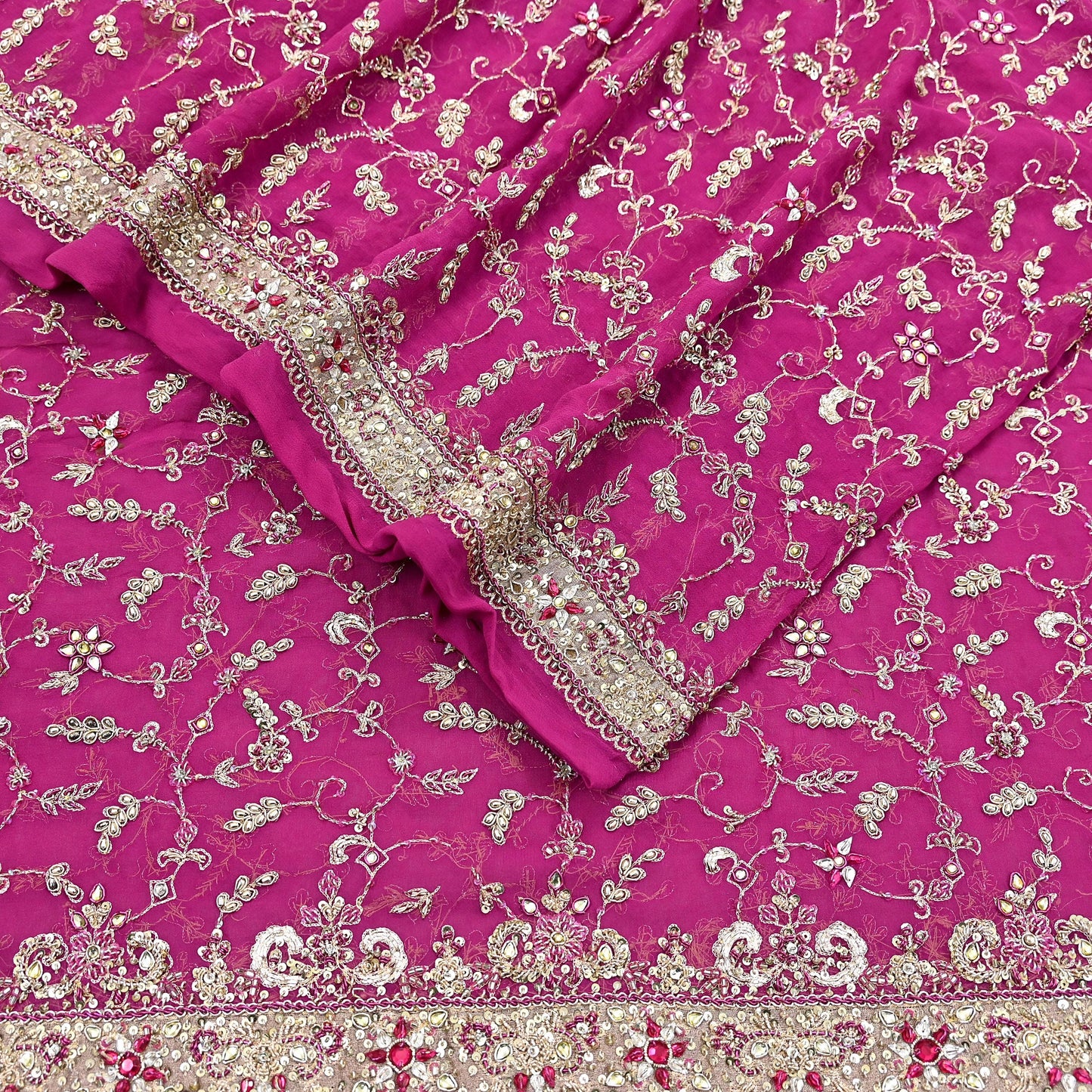 Indian Vintage Heavy Rani Pink Bridal Dupatta Pure Georgette Silk Hand Embroidered Zardozi, Dabka, Zari Work Party Wear Long Stole