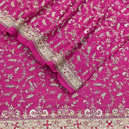 Indian Vintage Heavy Rani Pink Bridal Dupatta Pure Georgette Silk Hand Embroidered Zardozi, Dabka, Zari Work Party Wear Long Stole