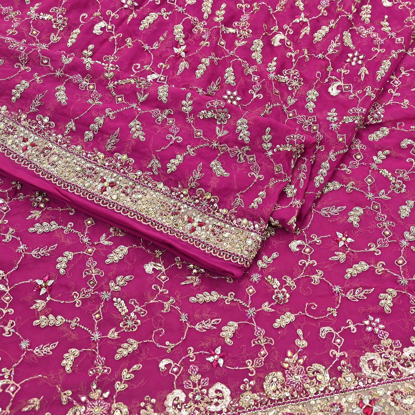 Indian Vintage Heavy Rani Pink Bridal Dupatta Pure Georgette Silk Hand Embroidered Zardozi, Dabka, Zari Work Party Wear Long Stole