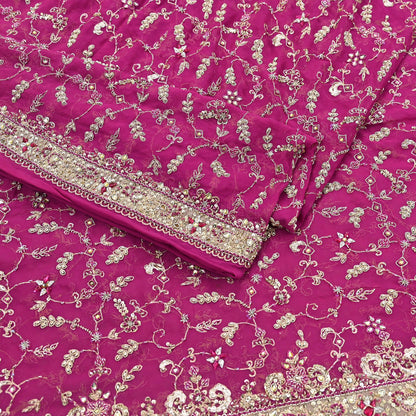 Indian Vintage Heavy Rani Pink Bridal Dupatta Pure Georgette Silk Hand Embroidered Zardozi, Dabka, Zari Work Party Wear Long Stole