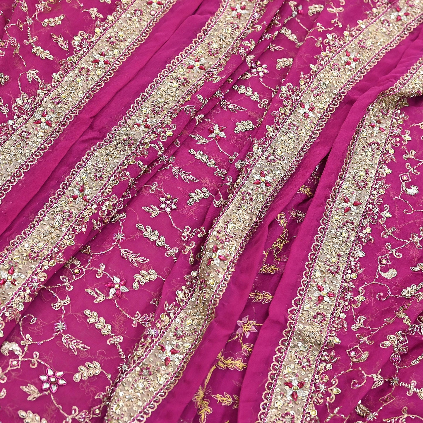 Indian Vintage Heavy Rani Pink Bridal Dupatta Pure Georgette Silk Hand Embroidered Zardozi, Dabka, Zari Work Party Wear Long Stole