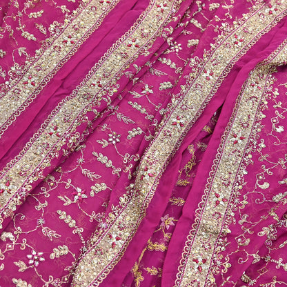Indian Vintage Heavy Rani Pink Bridal Dupatta Pure Georgette Silk Hand Embroidered Zardozi, Dabka, Zari Work Party Wear Long Stole