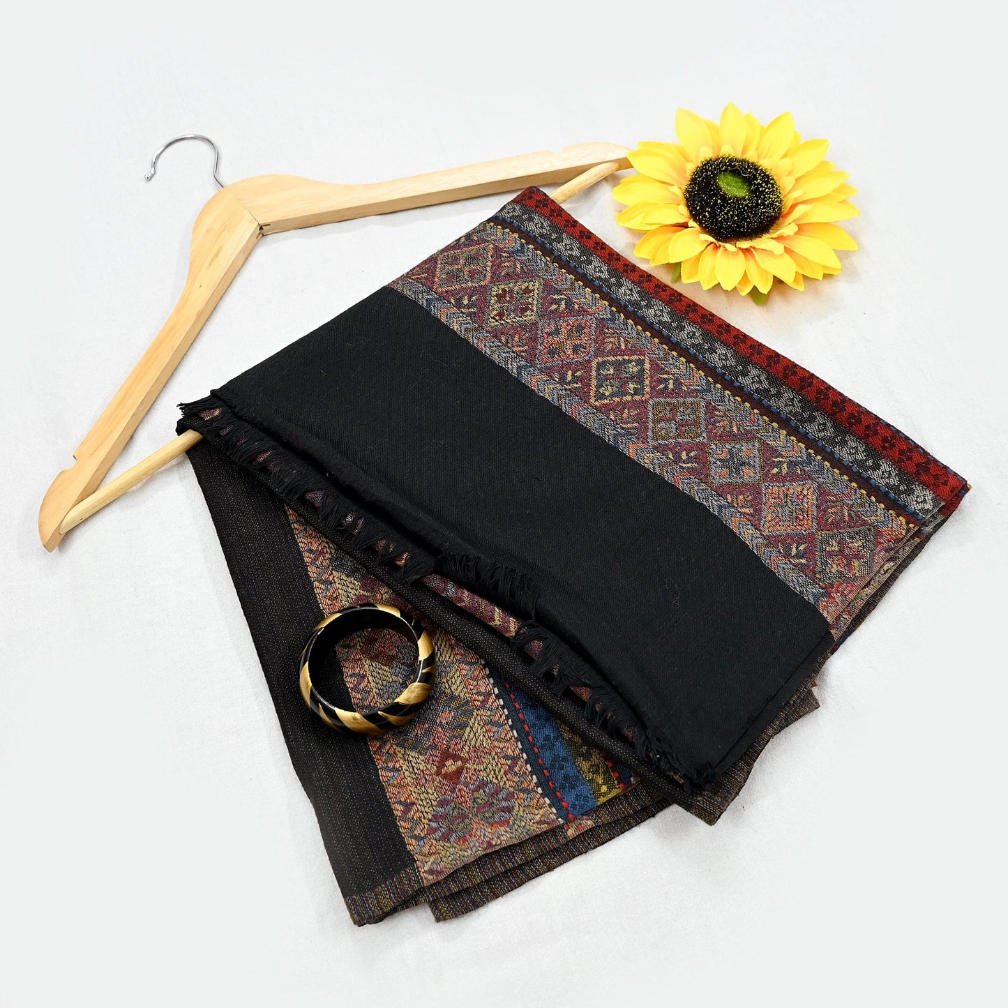 Vintage Black Viscose Handmade Woven Long Throw Stole Warm Geometric Design Fringes