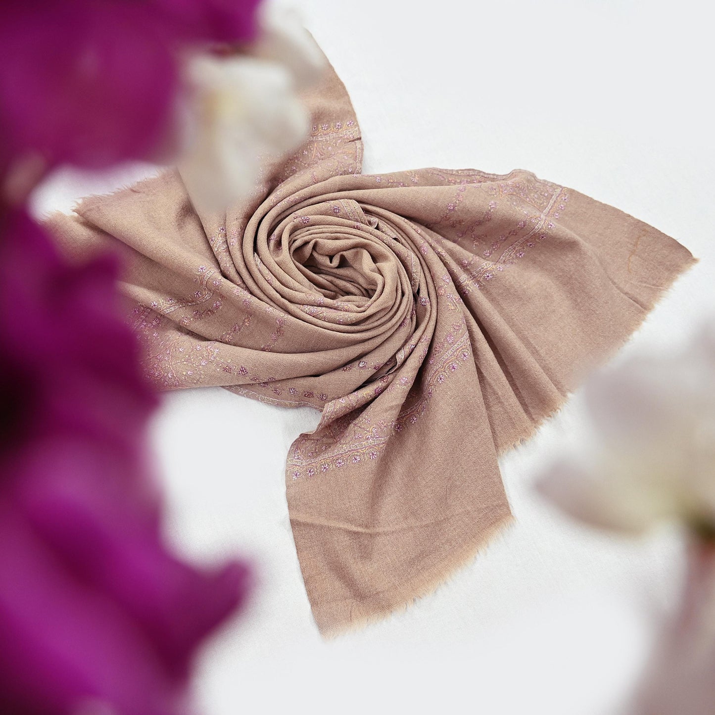 Indian Vintage Beige Shawl Pure Woolen Handmade Suzani Long Throw Stole Warm Floral Design Soft Soft Cozy