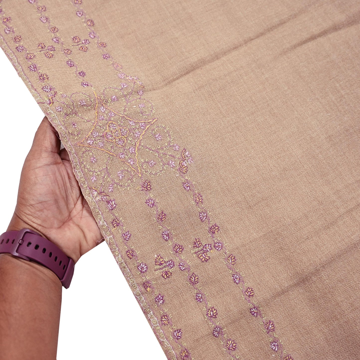 Indian Vintage Beige Shawl Pure Woolen Handmade Suzani Long Throw Stole Warm Floral Design Soft Soft Cozy