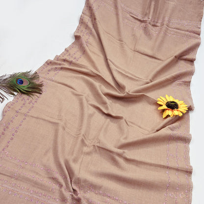 Indian Vintage Beige Shawl Pure Woolen Handmade Suzani Long Throw Stole Warm Floral Design Soft Soft Cozy