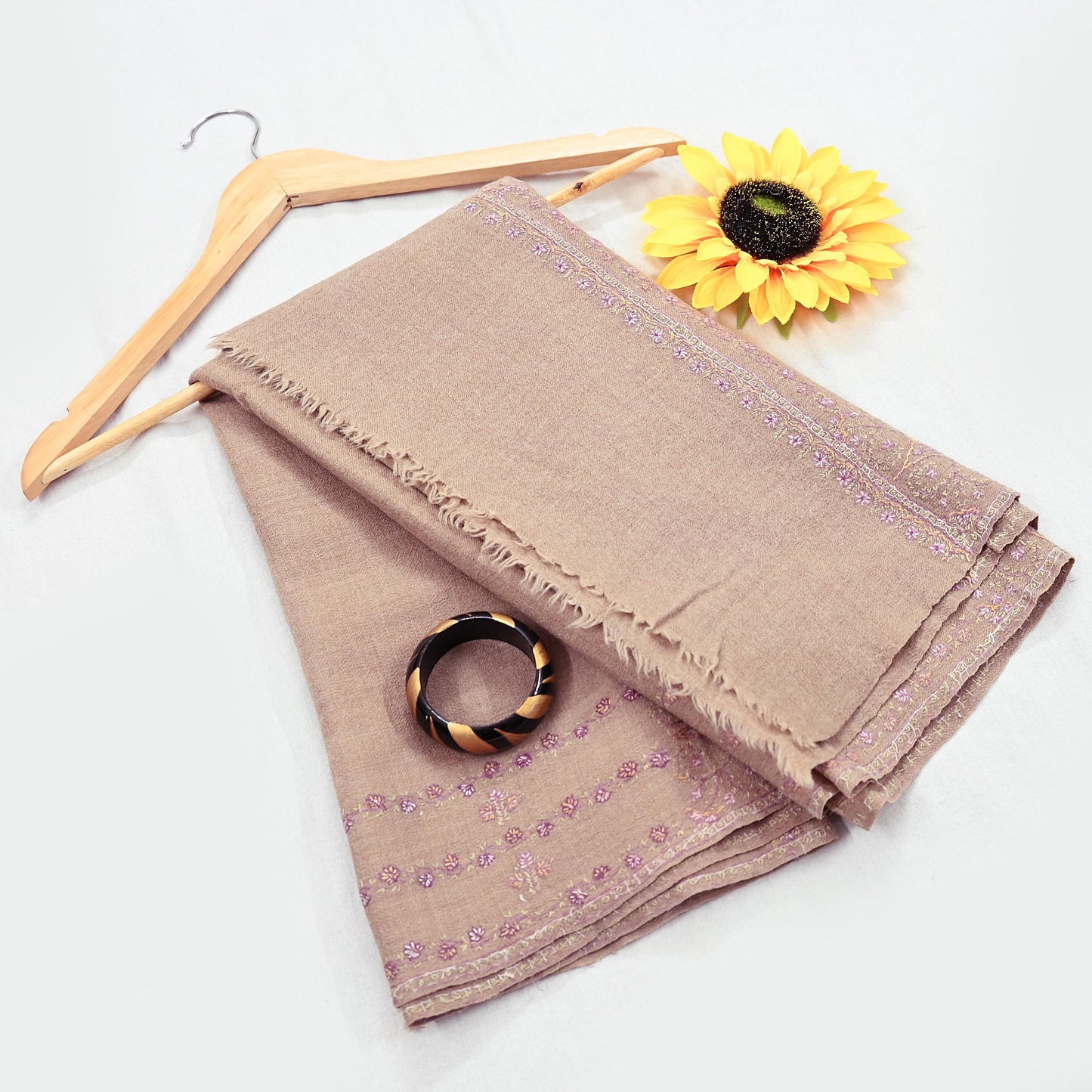 Indian Vintage Beige Shawl Pure Woolen Handmade Suzani Long Throw Stole Warm Floral Design Soft Soft Cozy