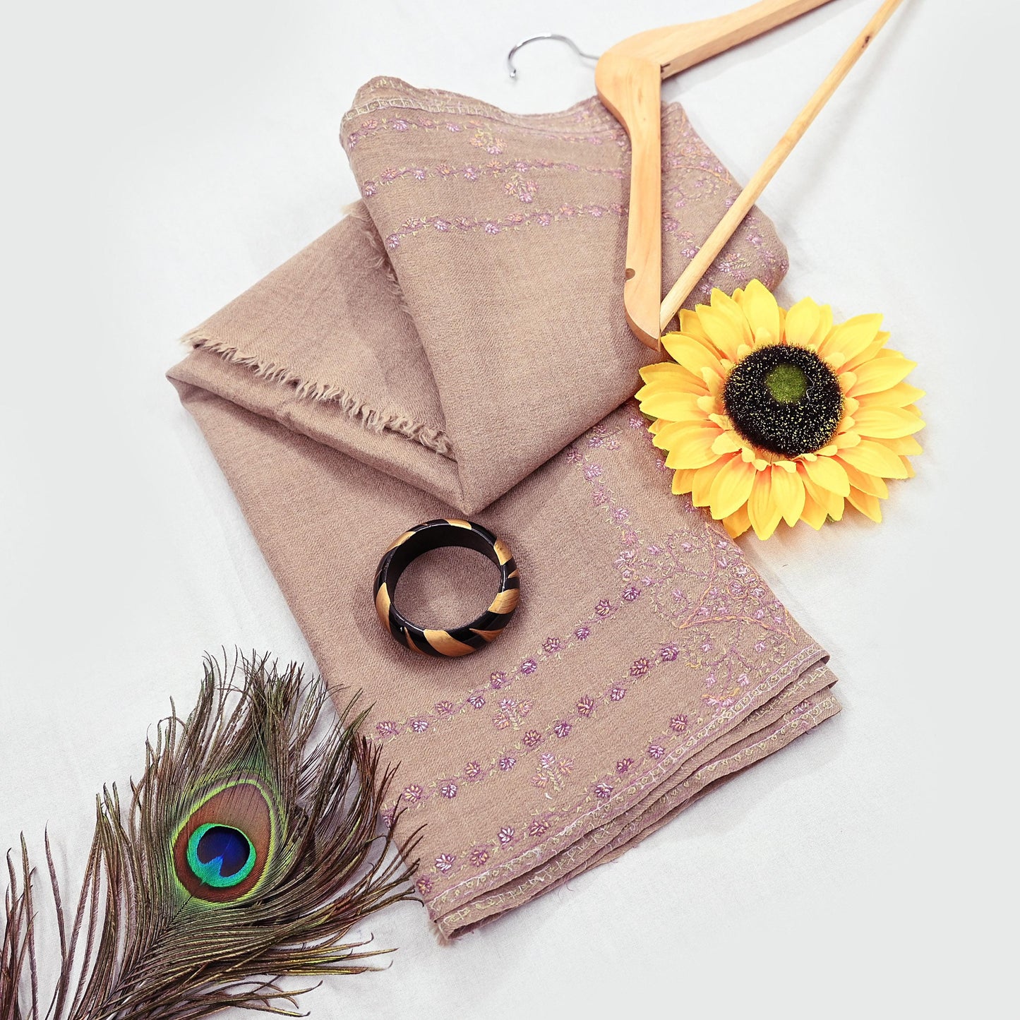 Indian Vintage Beige Shawl Pure Woolen Handmade Suzani Long Throw Stole Warm Floral Design Soft Soft Cozy