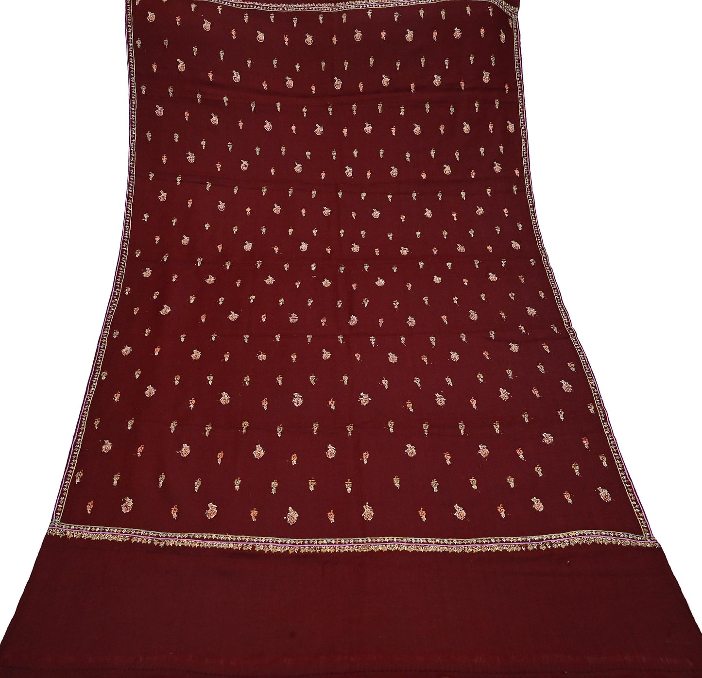 Indian Vintage Maroon Wool Shawl Hand-Embroidered Suzani Stole Pure Wool Wrap warm soft floral design