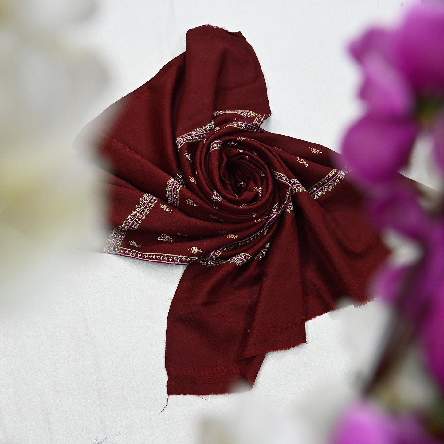 Indian Vintage Maroon Wool Shawl Hand-Embroidered Suzani Stole Pure Wool Wrap warm soft floral design