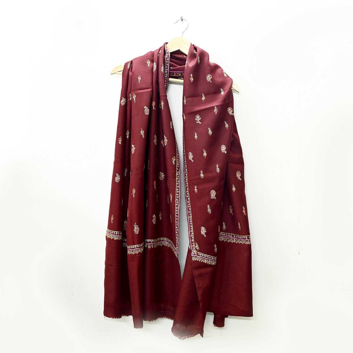 Indian Vintage Maroon Wool Shawl Hand-Embroidered Suzani Stole Pure Wool Wrap warm soft floral design