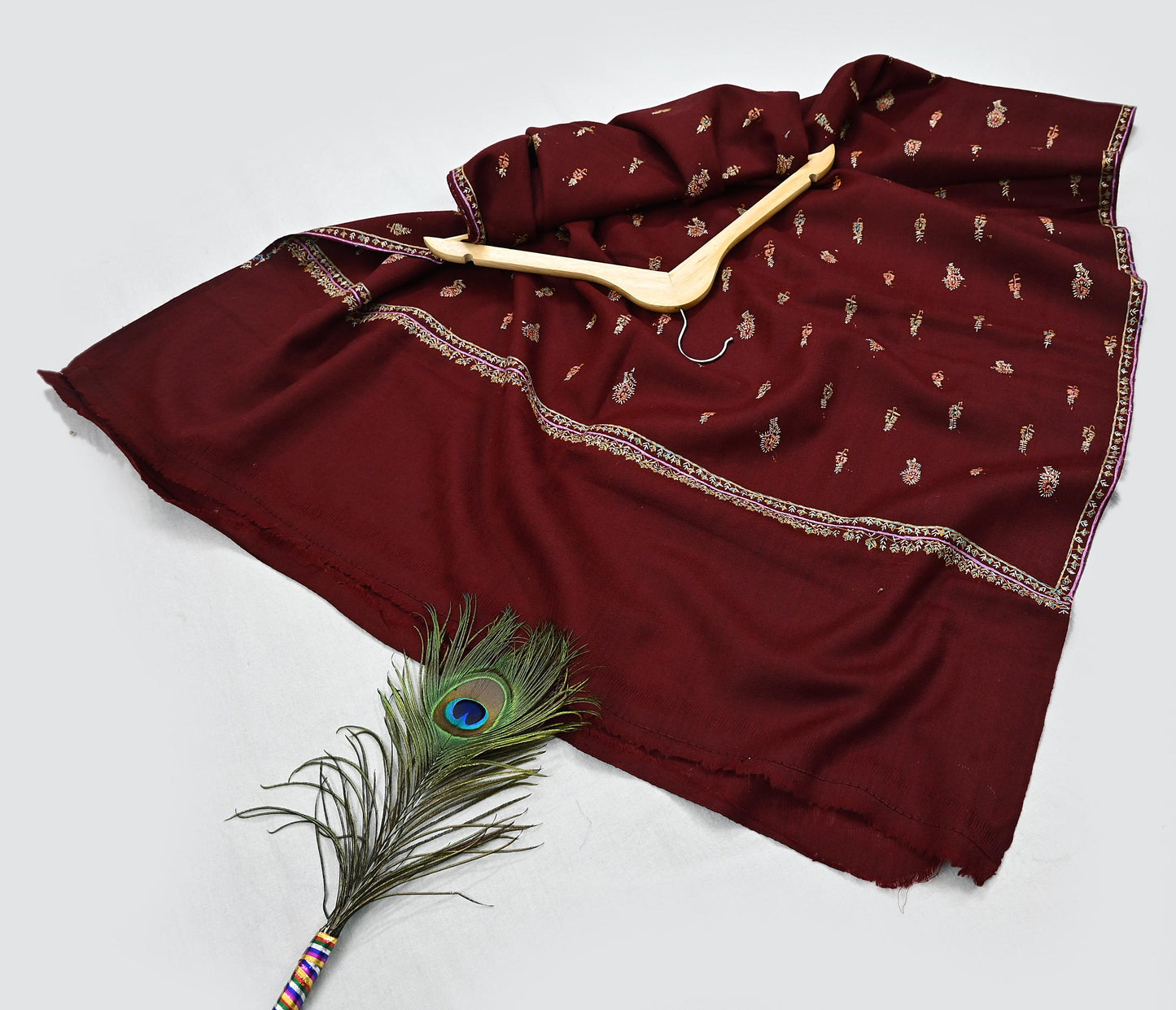 Indian Vintage Maroon Wool Shawl Hand-Embroidered Suzani Stole Pure Wool Wrap warm soft floral design