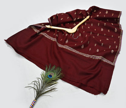 Indian Vintage Maroon Wool Shawl Hand-Embroidered Suzani Stole Pure Wool Wrap warm soft floral design