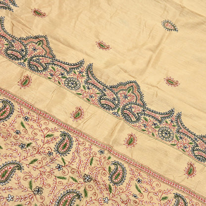 Indian Vintage Sari Beige Artificial Silk Hand Embroidered Sarees Craft Fabric 5yd Sewing Soft Dress Making Crafting Upcycle Quilting
