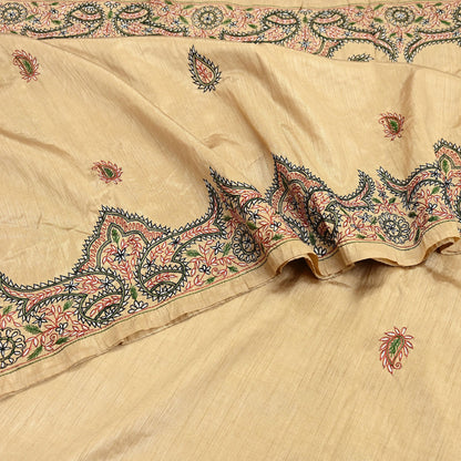 Indian Vintage Sari Beige Artificial Silk Hand Embroidered Sarees Craft Fabric 5yd Sewing Soft Dress Making Crafting Upcycle Quilting