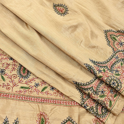 Indian Vintage Sari Beige Artificial Silk Hand Embroidered Sarees Craft Fabric 5yd Sewing Soft Dress Making Crafting Upcycle Quilting