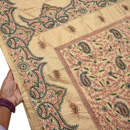 Indian Vintage Sari Beige Artificial Silk Hand Embroidered Sarees Craft Fabric 5yd Sewing Soft Dress Making Crafting Upcycle Quilting