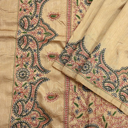 Indian Vintage Sari Beige Artificial Silk Hand Embroidered Sarees Craft Fabric 5yd Sewing Soft Dress Making Crafting Upcycle Quilting