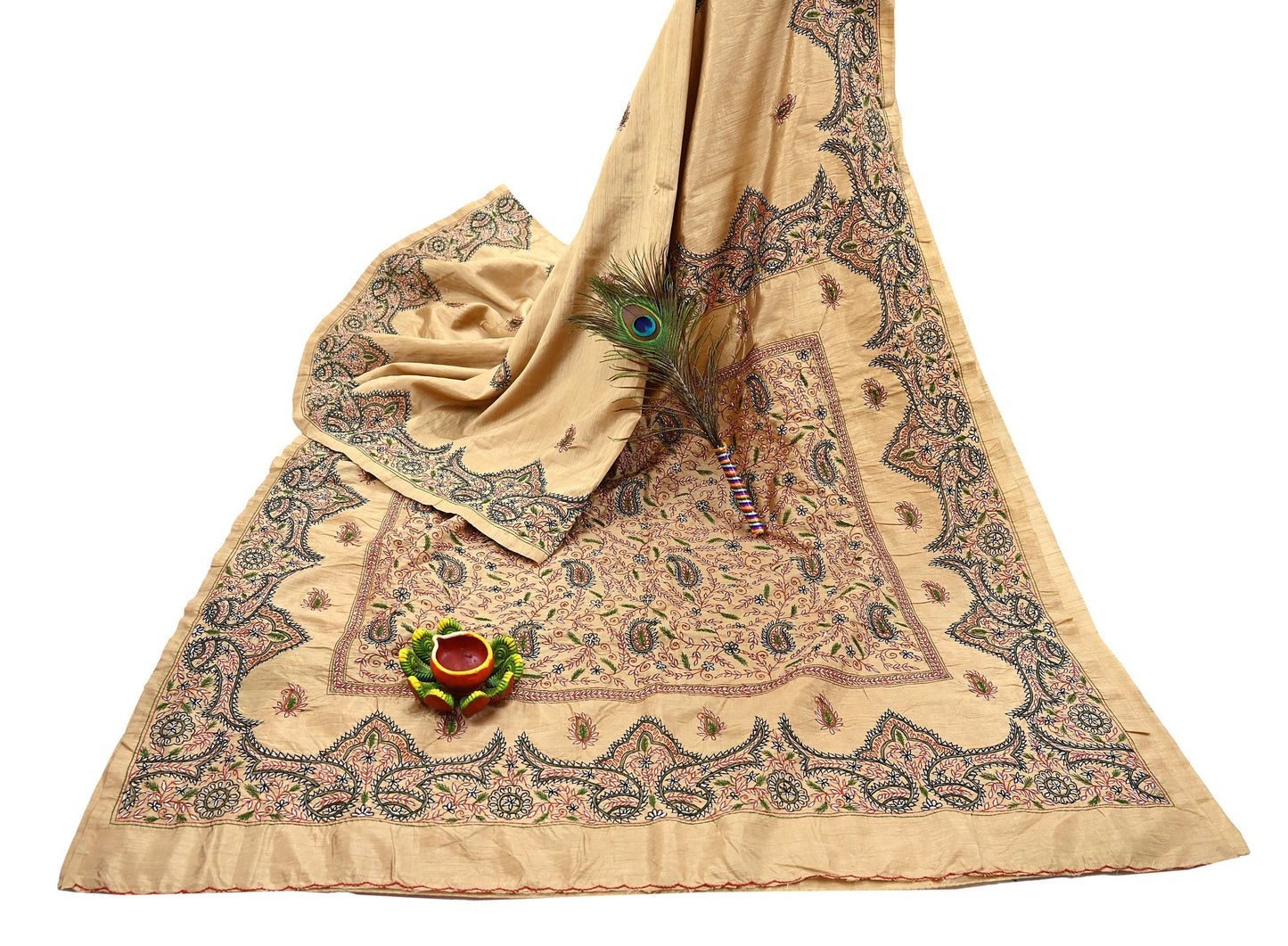 Indian Vintage Sari Beige Artificial Silk Hand Embroidered Sarees Craft Fabric 5yd Sewing Soft Dress Making Crafting Upcycle Quilting