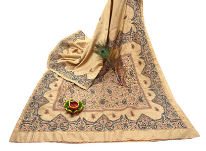 Indian Vintage Sari Beige Artificial Silk Hand Embroidered Sarees Craft Fabric 5yd Sewing Soft Dress Making Crafting Upcycle Quilting