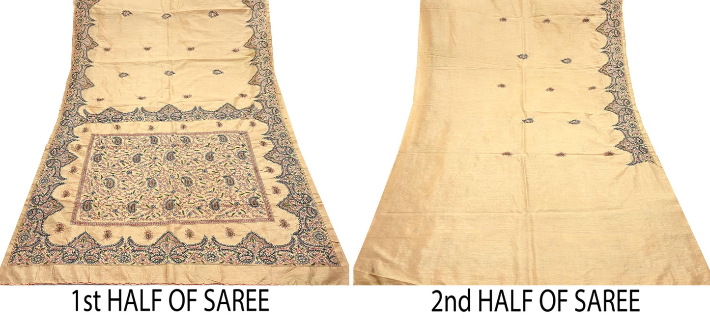 Indian Vintage Sari Beige Artificial Silk Hand Embroidered Sarees Craft Fabric 5yd Sewing Soft Dress Making Crafting Upcycle Quilting