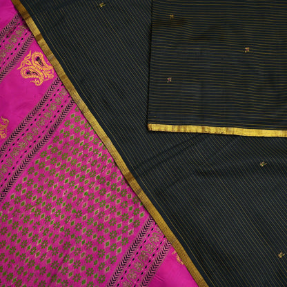 Indian Vintage Sari Pink & Black Mysore Silk Hand Woven Saree with Zari Border 5 Yards Soft Craft Fabric Upcycle, Quilting, Dressmaking