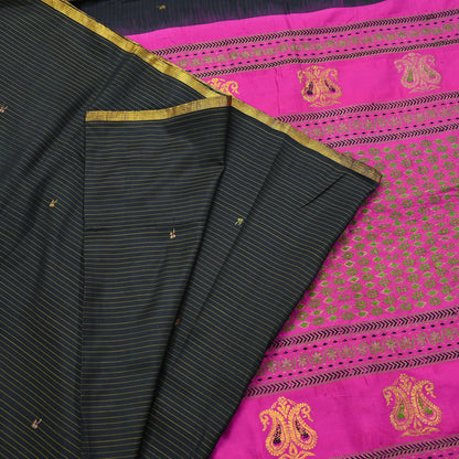 Indian Vintage Sari Pink & Black Mysore Silk Hand Woven Saree with Zari Border 5 Yards Soft Craft Fabric Upcycle, Quilting, Dressmaking