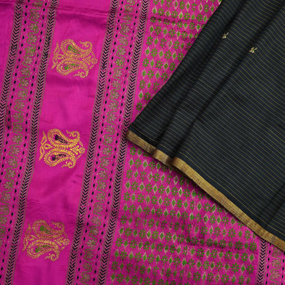 Indian Vintage Sari Pink & Black Mysore Silk Hand Woven Saree with Zari Border 5 Yards Soft Craft Fabric Upcycle, Quilting, Dressmaking