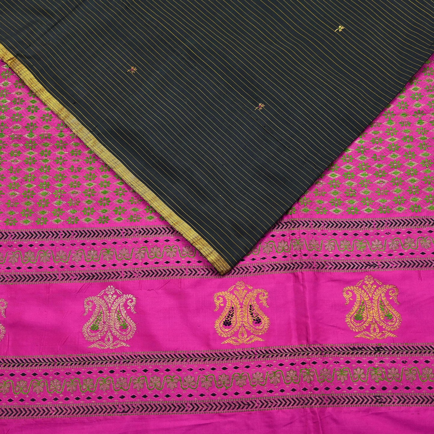 Indian Vintage Sari Pink & Black Mysore Silk Hand Woven Saree with Zari Border 5 Yards Soft Craft Fabric Upcycle, Quilting, Dressmaking