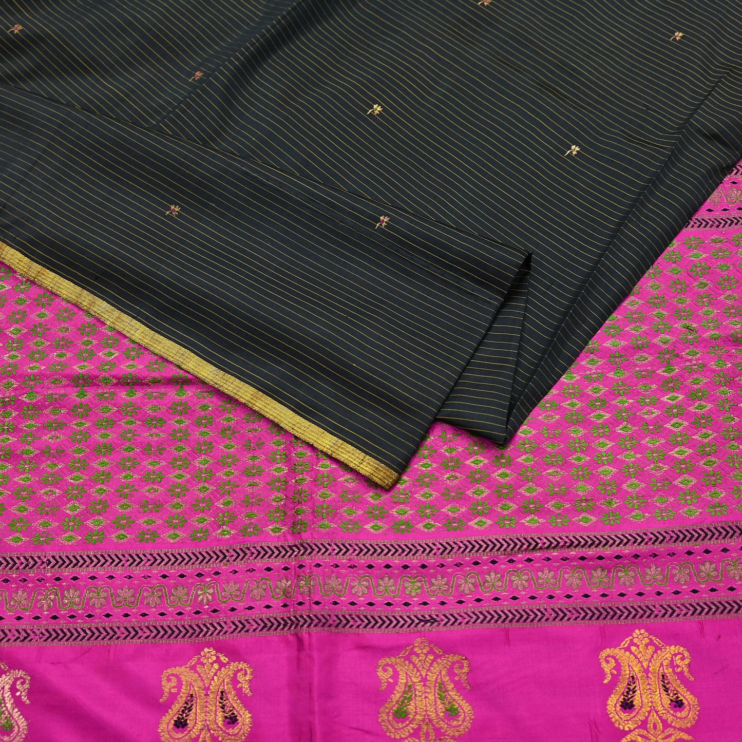 Indian Vintage Sari Pink & Black Mysore Silk Hand Woven Saree with Zari Border 5 Yards Soft Craft Fabric Upcycle, Quilting, Dressmaking