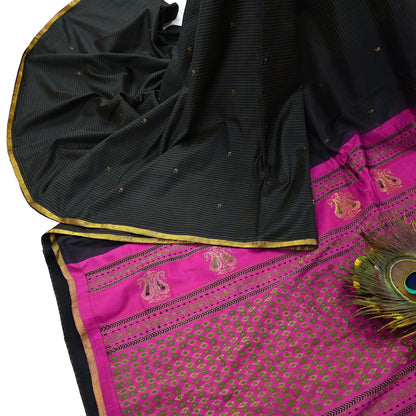 Indian Vintage Sari Pink & Black Mysore Silk Hand Woven Saree with Zari Border 5 Yards Soft Craft Fabric Upcycle, Quilting, Dressmaking